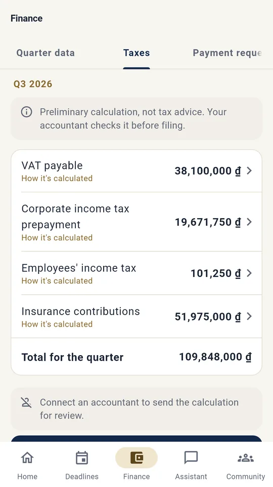 App screen: Quarterly taxes, estimated