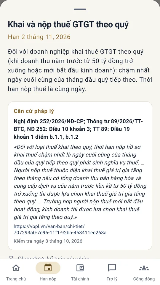 Màn hình ứng dụng: Thời hạn kèm căn cứ pháp lý